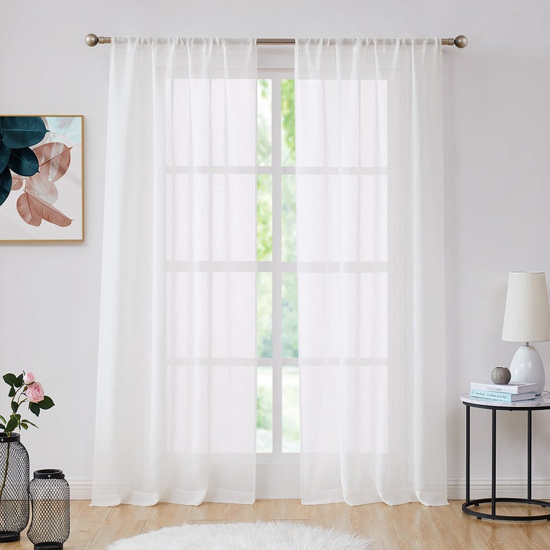 Central Park White Sheer Window Curtain Panels Linen Texture Solid Window Treatment Sets Drape Pairs Rod Pocket Curtains for Living and Bedroom Rustic Farmhouse 84 inches Long, 2 Panels - Image 1